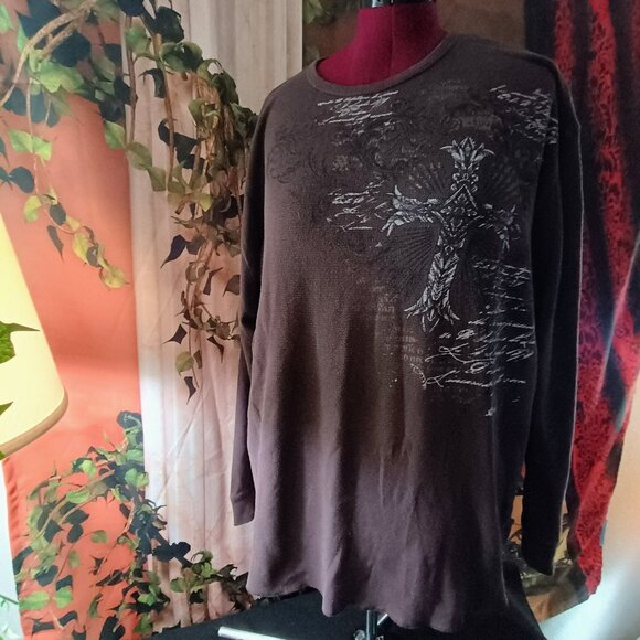 EUC: JF J. Ferrar Sze 2XLT  Brown Y2K Grunge Cross Graphic Long Sleeve T-Shirt - Picture 1 of 3